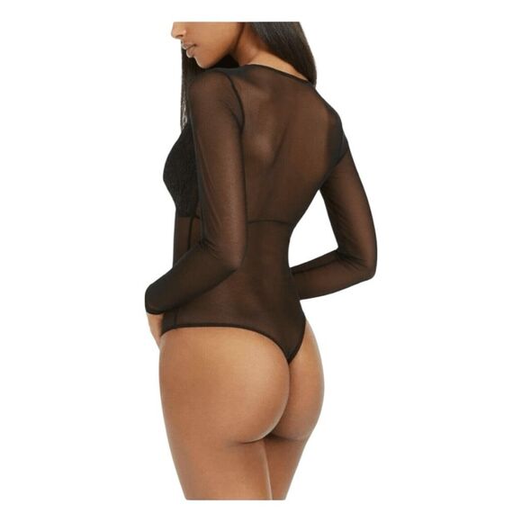 INC International Concepts Long-Sleeve Lace Mesh Bodysuit Deep Black M - Picture 3 of 9